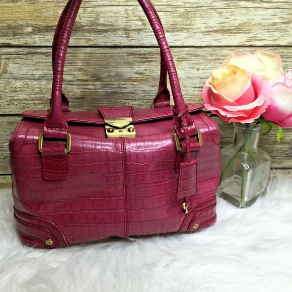 Oroton Pink Croc Embossed Leather Satchel Handbag